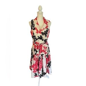 Jessica Howard Black and Pink Floral Belted Sleeveless Dress Size 10